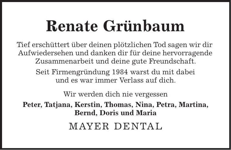 Traueranzeige Renate Grünbaum