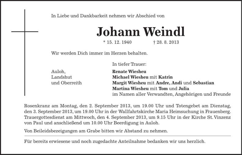 Traueranzeige Johann Weindl