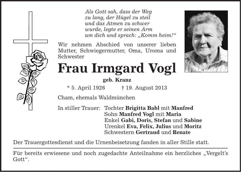 Traueranzeige Irmgard Vogl