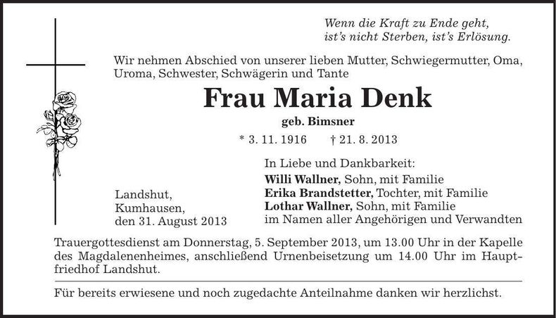 Traueranzeige Maria Denk