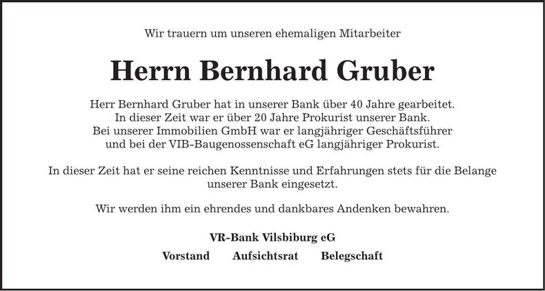Traueranzeige Bernhard Gruber