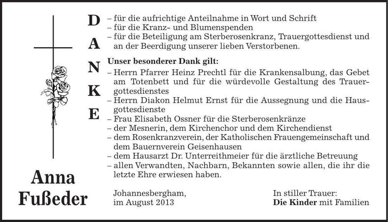 Traueranzeige Fußeder Anna