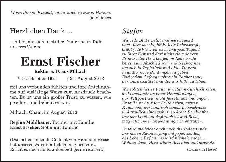 Traueranzeige Ernst Fischer