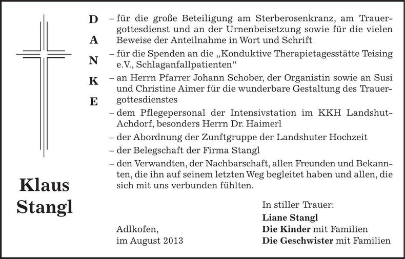 Traueranzeige Klaus Stangl