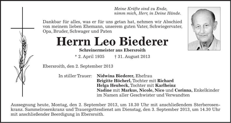 Traueranzeige Leo Biederer
