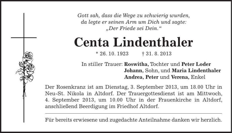 Traueranzeige Centa Lindenthaler