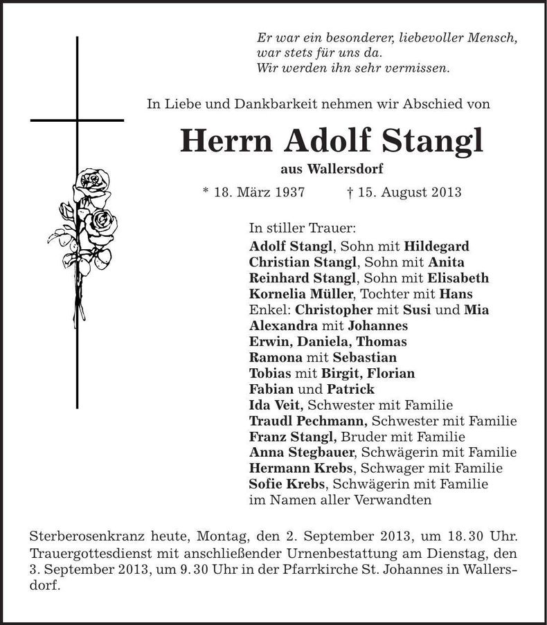 Traueranzeige Adolf Stangl