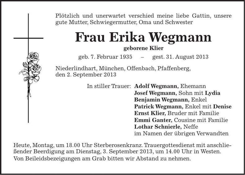 Traueranzeige Erika Wegmann