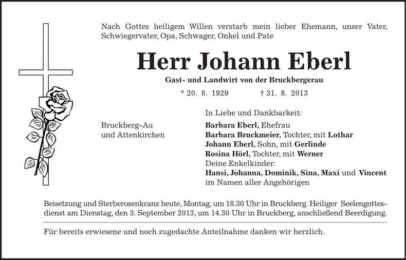 Traueranzeige Johann Eberl