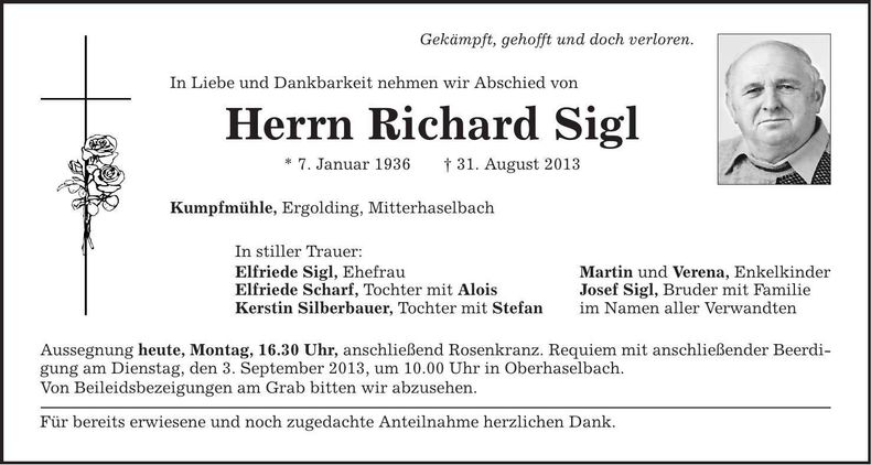 Traueranzeige Richard Sigl