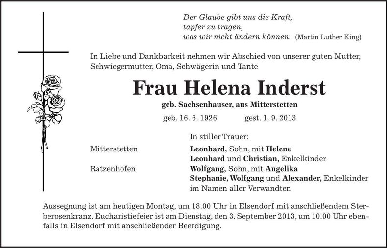 Traueranzeige Helena Inderst