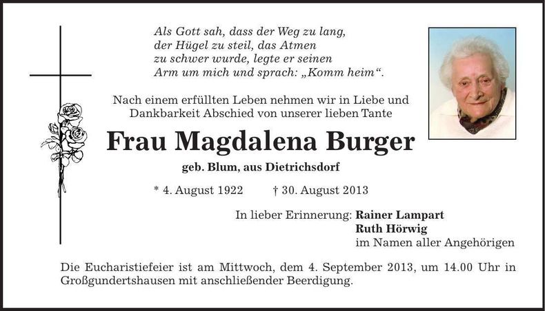 Traueranzeige Magdalena Burger