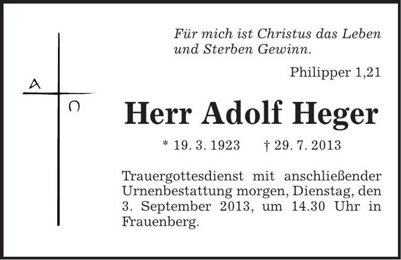 Traueranzeige Adolf Heger