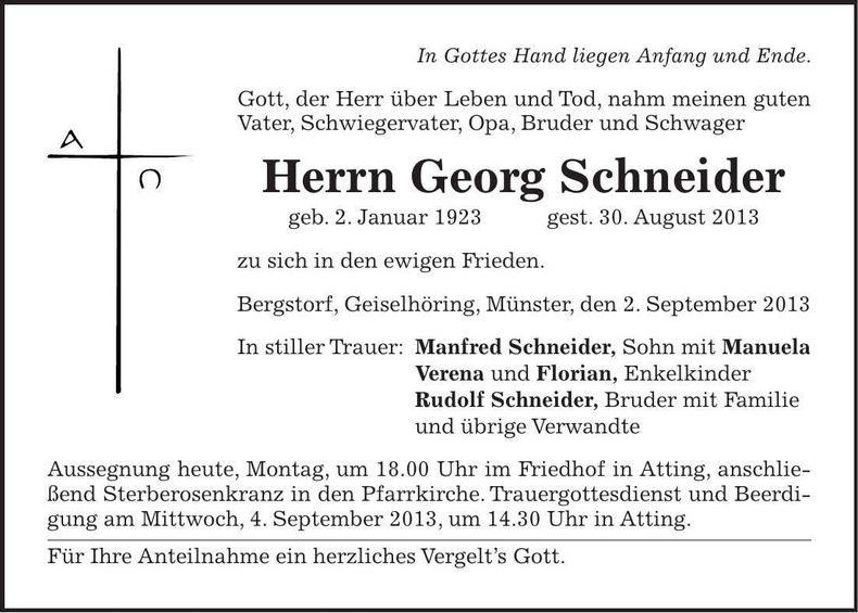 Traueranzeige Georg Schneider