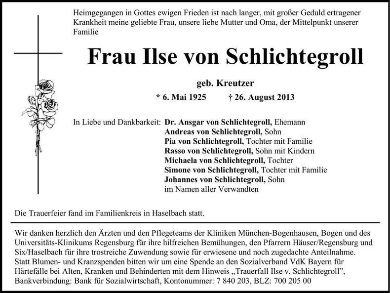 Traueranzeige Ilse von Schlichtegroll