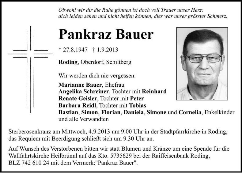 Traueranzeige Pankraz Bauer