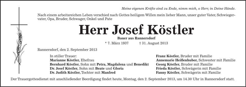 Traueranzeige Josef Köstler
