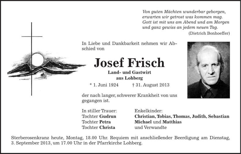 Traueranzeige Josef Frisch