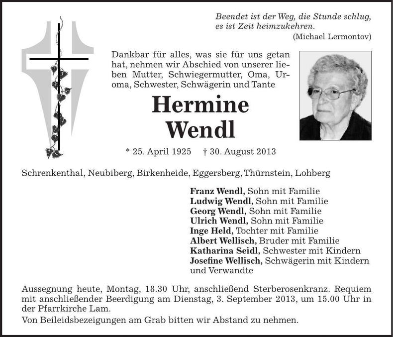 Traueranzeige Hermine Wendl