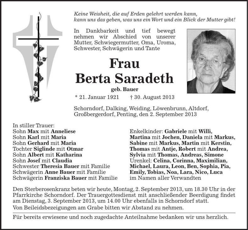 Traueranzeige Berta Saradeth