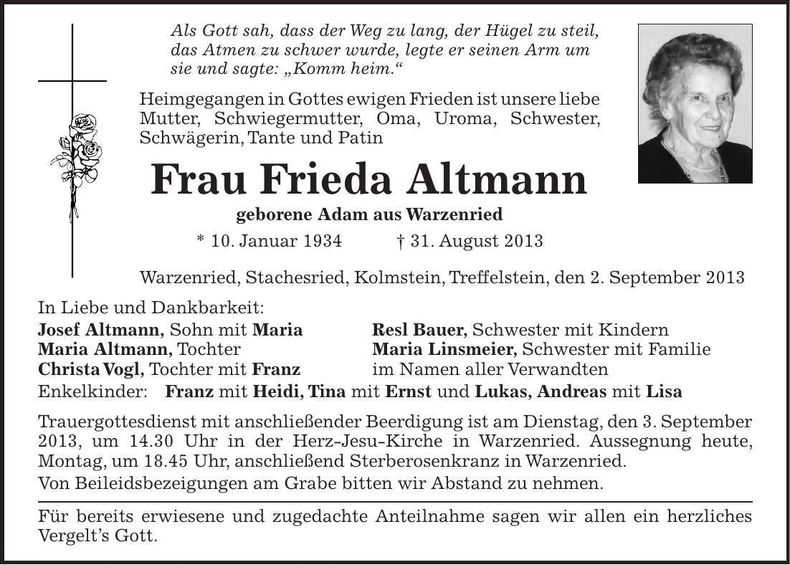 Traueranzeige Frieda Altmann