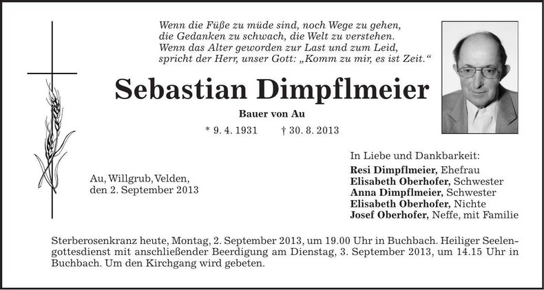 Traueranzeige Sebastian Dimpflmeier