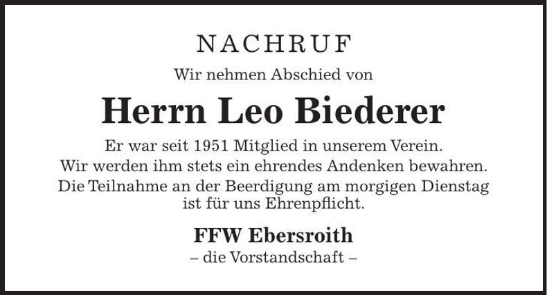 Traueranzeige Leo Biederer