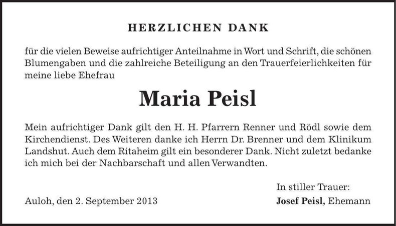 Traueranzeige Maria Peisl