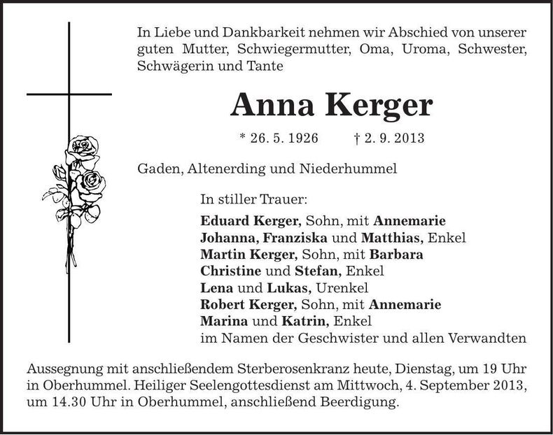Traueranzeige Anna Kerger