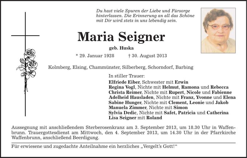 Traueranzeige Maria Seigner