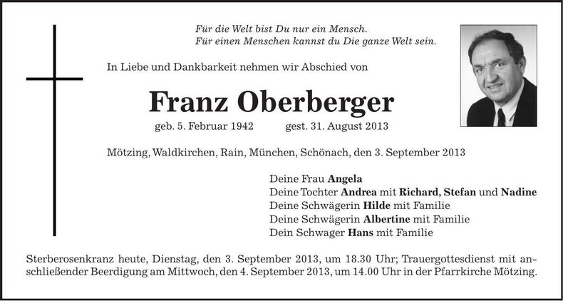 Traueranzeige Franz Oberberger