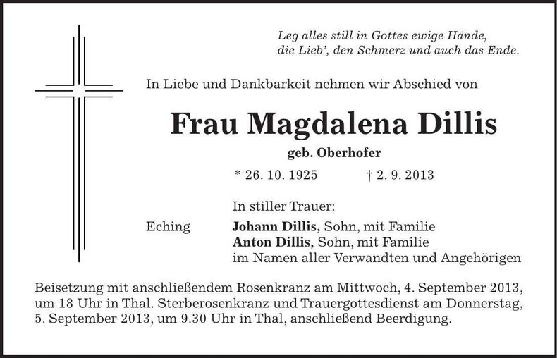 Traueranzeige Magdalena Dillis