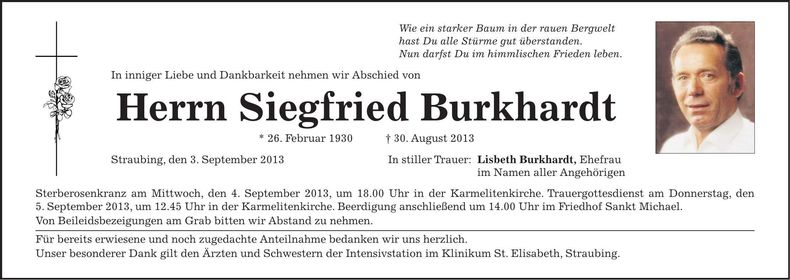 Traueranzeige Siegfried Burkhardt