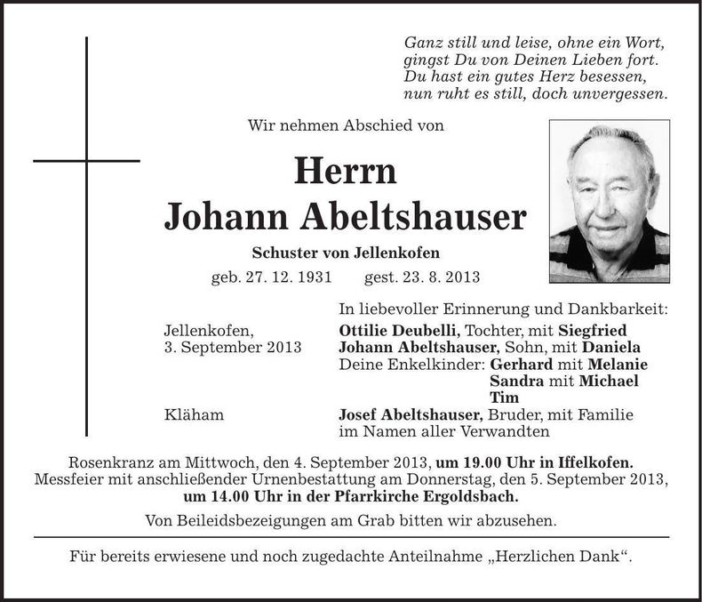 Traueranzeige Johann Abeltshauser