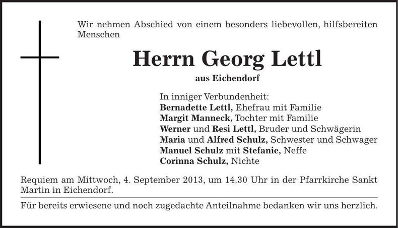 Traueranzeige Georg Lettl