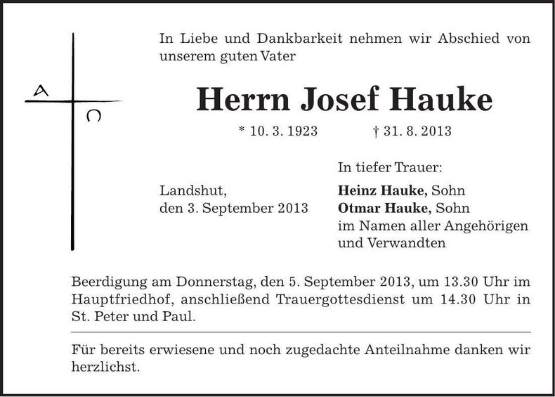 Traueranzeige Josef Hauke