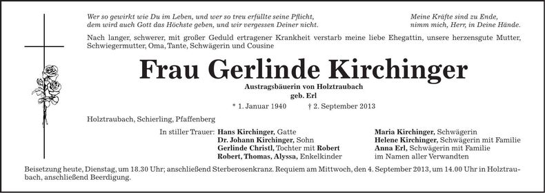 Traueranzeige Gerlinde Kirchinger