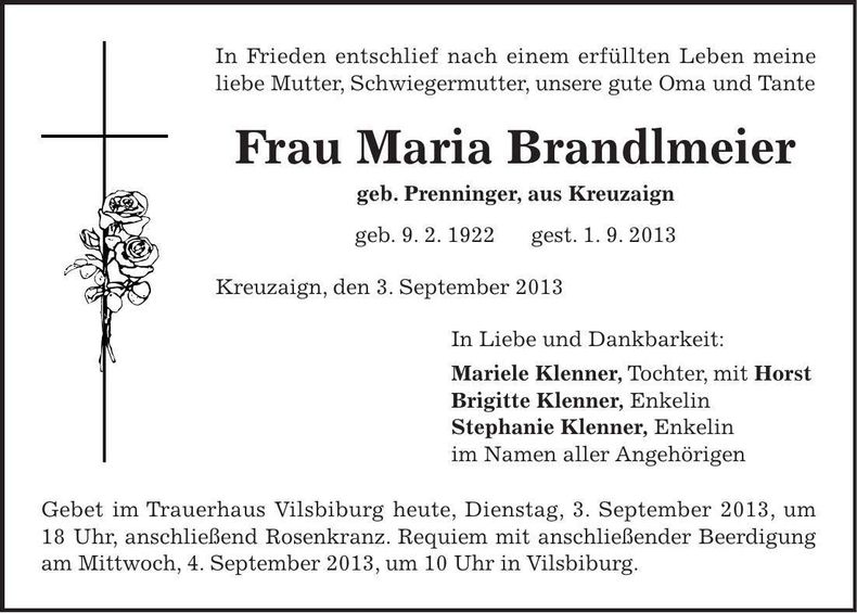 Traueranzeige Maria Brandlmeier