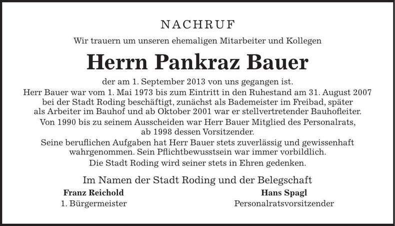 Traueranzeige Pankraz Bauer
