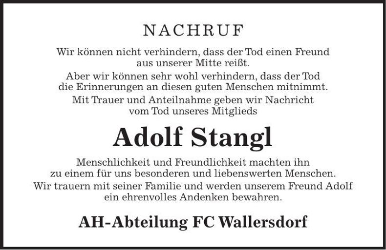Traueranzeige Adolf Stangl
