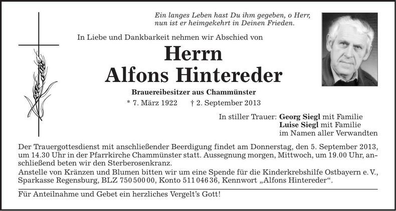 Traueranzeige Alfons Hintereder