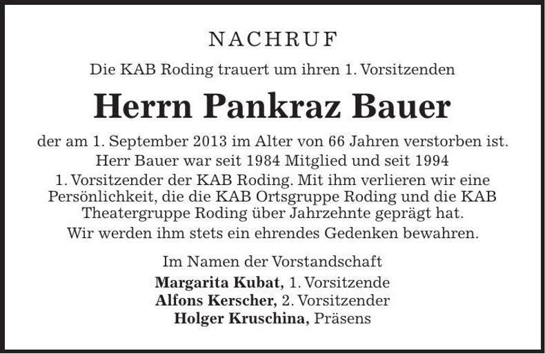 Traueranzeige Pankraz Bauer