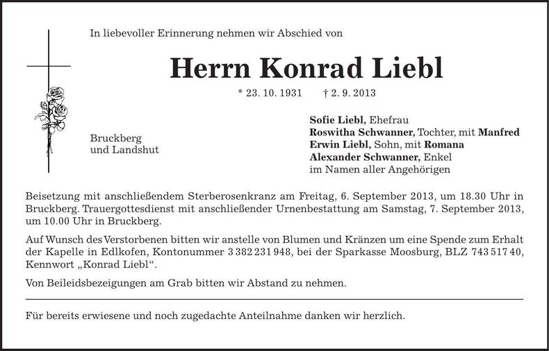 Traueranzeige Konrad Liebl