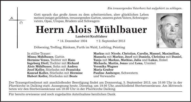 Traueranzeige Alois Mühlbauer