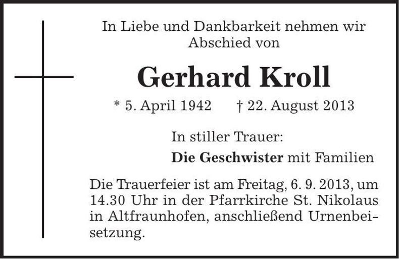 Traueranzeige Gerhard Kroll