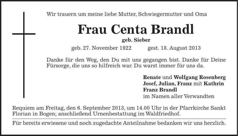 Traueranzeige Centa Brandl