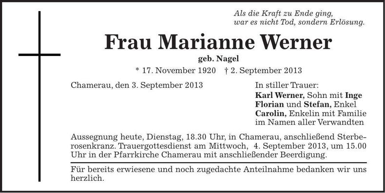 Traueranzeige Marianne Werner