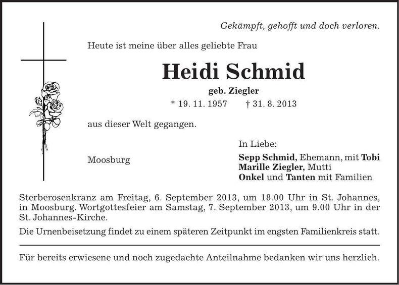 Traueranzeige Heidi Schmid