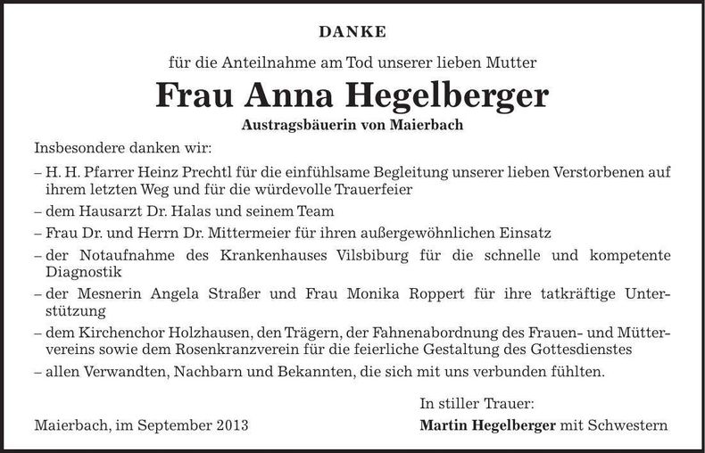 Traueranzeige Anna Hegelberger