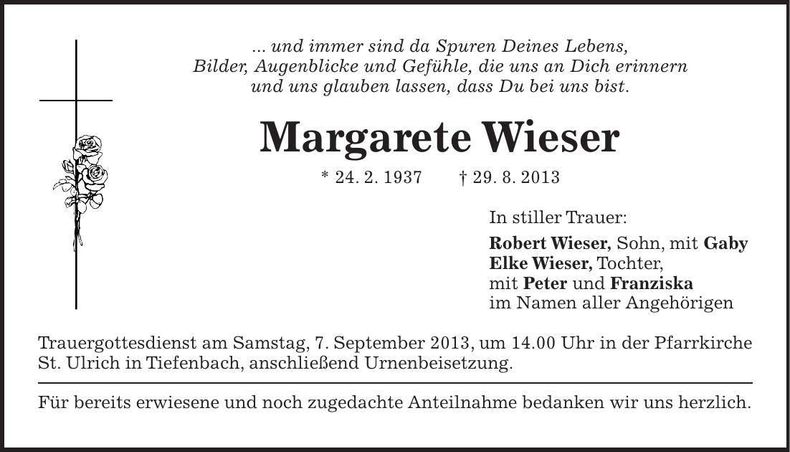 Traueranzeige Margarete Wieser